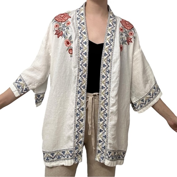 Kyla Seo Handmade Cardigan Kimono Shawl Embroidered Boho Linen Size Extra Small - Picture 1 of 8